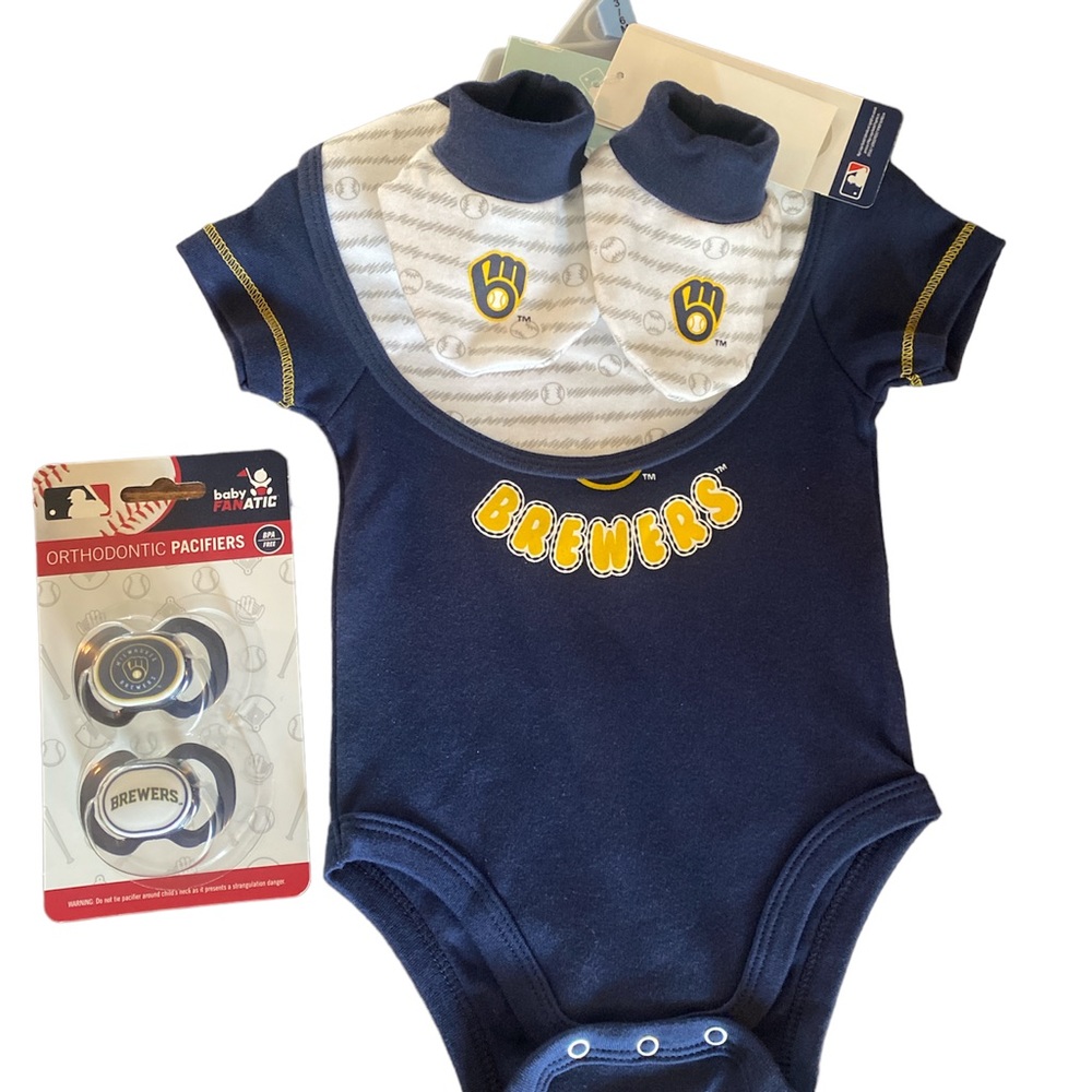 Milwaukee Brewers 3/6m baby outfit and pacifiers